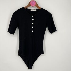 rag & bone New York Henley Black Ribbed Bodysuit Short Sleeve Snap Cotton Modal